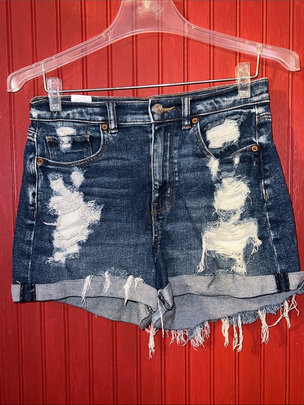 American Eagle Outfitters Distressed Dark Blue Rolled Hem Jean Mom Shorts 4